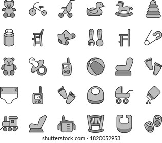 Thin line gray tint vector icon set - cradle vector, dummy, measuring cup for feeding, diaper, powder, baby, bib, chair, car child seat, carriage, summer stroller, open pin, rubber duck, bath ball