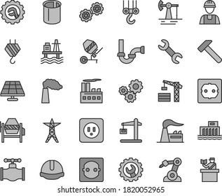 Thin line gray tint vector icon set - tower crane vector, builder, hook, winch, gears, concrete mixer, sewerage, power socket type b, f, construction helmet, gear, star, hammer, sea port, valve