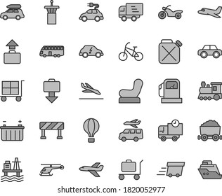 Thin line gray tint vector icon set - cargo trolley vector, Baby chair, motor vehicle, traffic signal, delivery, sea port, gas station, battery, canister, electric car, transport, with coal, urgent