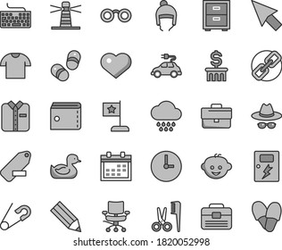 Thin line gray tint vector icon set - heart symbol vector, calendar, briefcase, purse, keyboard, spectacles, hat with glasses, remove label, bedside table, open pin, rubber duck, cloud, child shoes