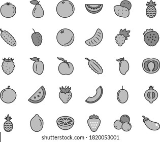 Thin line gray tint vector icon set - cucumber vector, strawberry, strawberries, a pineapple, orange slice, ripe peach, grape, pear, half of medlar, tasty raspberry, blueberries, mulberry, melon
