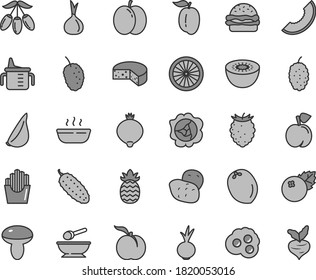 Thin line gray tint vector icon set - measuring cup for feeding vector, deep plate with a spoon, cheese, burger, mushroom, hot porridge, cucumber, beet, garlic, fried potato slices, omelette, peach
