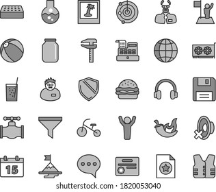 Thin line gray tint vector icon set - silent mode vector, baby bath ball, tricycle, brick, calendar, speech, earth, burger, chili, a glass of soda, valve, calipers, jar, filter, cash machine, floppy