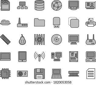 Thin line gray tint vector icon set - monitor window vector, big data, copy, onion, part of guava, smd, scheme, computer, tablet pc, notebook, radiator fan, power supply, motherboard, memory, card
