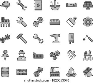 Thin line gray tint vector icon set - repair key vector, workman, brickwork, gears, cogwheel, drill, construction level, helmet, brick, putty knife, spatula, electronic boiler, hammer, sea port, oil