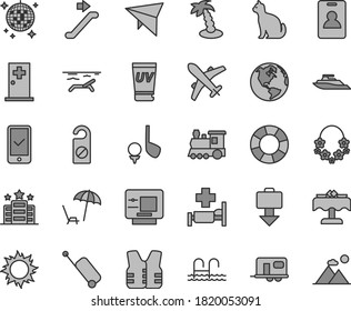 Thin line gray tint vector icon set - earth vector, train, camper, hang glider, escalator, identity card, plane, phone registration, rolling case, getting baggage, atm, beach, sun, uv cream, pool