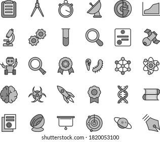Thin line gray tint vector icon set - books vector, scientific publication, test tube, microscope, atom, zoom, dna, brain, gears, satellite, bactery, biohazard, clipboard, drawing compass, radar