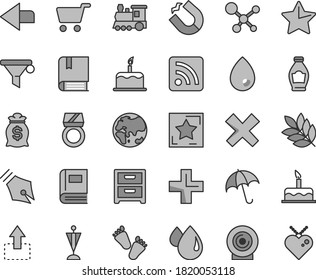 Thin line gray tint vector icon set - left direction vector, plus, cross, rss feed, children's tracks, cake, e, star, drop, umbrella, nightstand, lens, move up, bottle, planet, horseshoe magnet