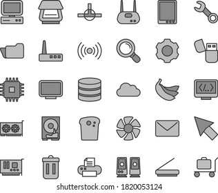 Thin line gray tint vector icon set - Easter cake vector, bananas, computer, tablet pc, fan, cpu, card, gpu, monitor, hdd, router, printer, scanner, usb flash, speaker, folder, connect, trash bin