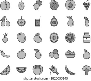 Thin line gray tint vector icon set - spaghetti vector, lettuce in a plate, beet, glass of soda, jar jam, strawberries, apple, grape, large, quince, plum, cornels, blueberries, mulberry, half, juicy