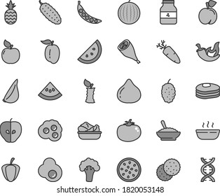 Thin line gray tint vector icon set - a bowl of buckwheat porridge vector, hot, lettuce in plate, grill chicken leg, cucumber, tomato, chili, garlic, carrot, fried egg, omelette, jar jam, pineapple