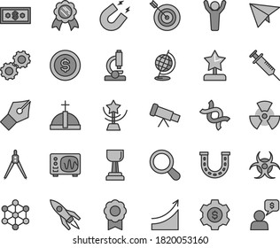 Thin line gray tint vector icon set - microscope vector, telescope, nuclear, zoom, dna, gears, biohazard, globe, oscilloscope, magnet, drawing compass, medal, rocket, syringe, 3d cube, ink pen, star