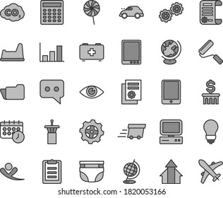 Thin line gray tint vector icon set - nappy vector, bag of a paramedic, potty chair, gears, new roller, bulb, eye, lollipop, gear, retro car, carbon dyoxide, research article, scientific publication