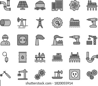 Thin line gray tint vector icon set - tower crane vector, workman, cordless drill, sewerage, power socket type b, buildings, plummet, star gear, commercial seaport, solar panel, oil derrick, working