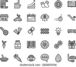 Thin line gray tint vector icon set - calendar vector, warm socks, key, hawser, new radiator, core, index finger, speech, book, drop, a bowl of buckwheat porridge, jar jam, slice pineapple, radish
