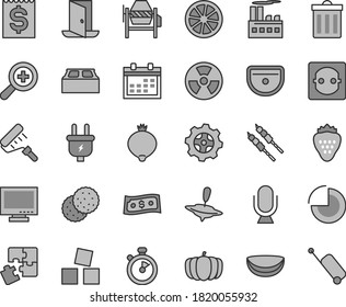 Thin line gray tint vector icon set - monitor vector, calendar, bin, zoom, pie chart, small yule, cubes for children, Puzzles, concrete mixer, paint roller, sink, building block, microphone, biscuit