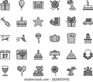 Thin line gray tint vector icon set - daily calendar vector, colored air balloons, balloon, cake, birthday, gift, Easter, torte, Chupa Chups, lollipop, glass, pumpkin, wall, giftbox, sand castle