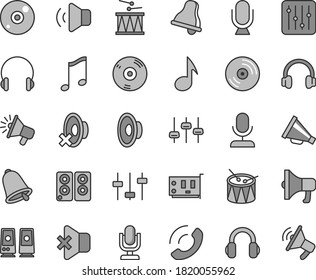 Thin line gray tint vector icon set - bell vector, desktop microphone, horn, loudspeaker, silent mode, drumroll, drum, headphones, music, CD, regulator, volume, no sound, phone call, megaphone, note