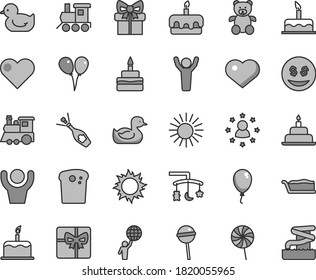 Thin line gray tint vector icon set - heart symbol vector, toys over the cradle, rubber duck, baby duckling, teddy bear, toy train, children's, colored air balloons, balloon, cake, birthday, Easter