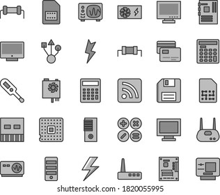 Thin line gray tint vector icon set - lightning vector, floppy disk, monitor, window, calculator, rss feed, electronic thermometer e, screen, cards, math actions, processor, SIM card, engineer, usb