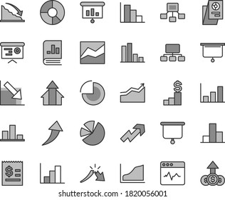 Thin line gray tint vector icon set - growth up vector, pie chart, bar, line, negative, histogram, positive, cardiogram, recession, a crisis, scheme, hierarchical, article on the dollar, charts