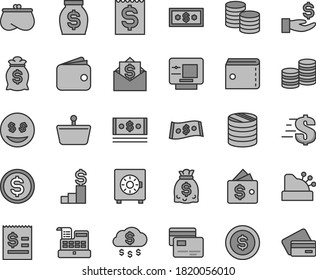 Thin line gray tint vector icon set - purse vector, dollar, strongbox, cards, coins, shopping basket, column of, article on the, financial item, get a wage, wallet, money, dollars, cash, machine