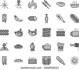 Thin line gray tint vector icon set - electronic thermometer vector e, mercury, heating coil, temperature, new radiator, boiler, coffee, sausage, loaf, Hot Dog, noodles, pie, porridge, chop, chili