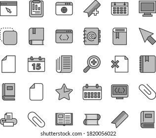 Thin line gray tint vector icon set - monitor window vector, clip, add bookmark, clean sheet of paper, zoom, book, e, books, calendar, star, notebook, address, delete page, copy, statistical report