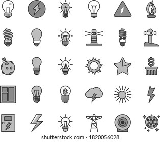 Thin Line Gray Tint Vector Icon Set - Lightning Vector, Matte Light Bulb, Incandescent Lamp, Window, Saving, Dangers, Star, Storm Cloud, Lens, Power Pole, Energy, Lighthouse, Coastal, Electricity