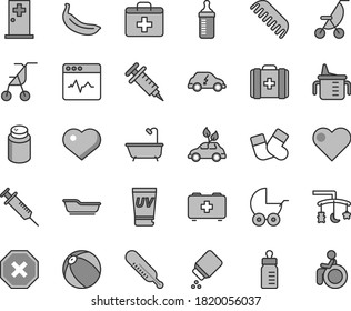 Thin line gray tint vector icon set - heart symbol vector, mark of injury, first aid kit, toys over the cradle, measuring cup for feeding, bottle, powder, baby, stroller, summer, sitting, bath ball