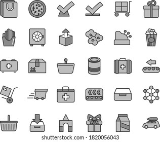 Thin line gray tint vector icon set - cargo trolley vector, grocery basket, first aid kit, bag of a paramedic, medical, box bricks, put in, drawer, strongbox, with handles, cardboard, gift, package