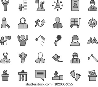 Thin line gray tint vector icon set - image of thought vector, cargo trolley, footprints, builder, employee, operator, racer, welding, gas, woman, man in sight, conversation, scientist, winner