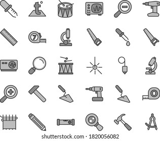 Thin line gray tint vector icon set - graphite pencil vector, yardstick, zoom, out, drumroll, drum, trowel, building, cordless drill, hand saw, arm, measuring tape, long meashuring, plummet, hammer