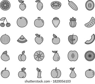 Thin line gray tint vector icon set - cucumber vector, strawberry, apple, pear, cherry, peach, pomegranate, quince, apricot, red, tasty, water melon, slice of, half, tangerine, plum, lemon, yellow
