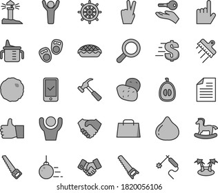 Thin line gray tint vector icon set - scribbled paper vector, magnifier, dollar, measuring cup for feeding, small rocking horse, shoes little children, big core, hand saw, arm, spatula, index finger