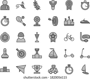 Thin line gray tint vector icon set - stopwatch vector, motor vehicle present, Kick scooter, child, timer, pedestal, racer, winner, laurel branch, podium, prize, cup, pawn, man with medal, pennant