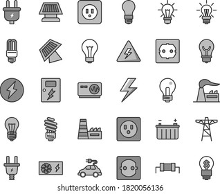 Thin line gray tint vector icon set - lightning vector, danger of electricity, matte light bulb, incandescent lamp, saving, power socket type b, f, dangers, factory, battery, pole, plug, electric