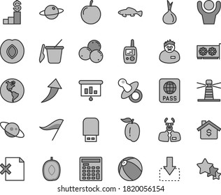 Thin line gray tint vector icon set - wind direction indicator vector, dummy, baby bath ball, toy mobile phone, children's sand set, passport, delete page, planet, move down, small fish, plum, ripe