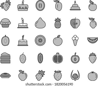 Thin line gray tint vector icon set - cake vector, birthday, piece of, torte, pie, cone, half pomegranate, grape, branch, quince, apricot, red apple, tasty, raspberry, fig, mulberry, delicious plum