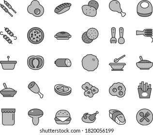 Thin line gray tint vector icon set - baby bib vector, plates and spoons, plastic fork, sausage, pizza, big burger, noodles, mushroom, pie, a bowl of buckwheat porridge, rice, chicken, leg, thigh