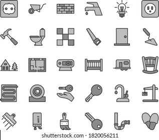 Thin line gray tint vector icon set - cradle vector, baby cot, brickwork, building trolley, trowel, arm saw, wooden paint brush, toilet, siphon, lay out of flat, power socket type b, f, key, tile