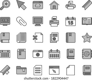 Thin line gray tint vector icon set - monitor window vector, clip, add bookmark, clean sheet of paper, zoom, folder, book, e, home, calendar, star, notebook, address, delete page, wall, newspaper