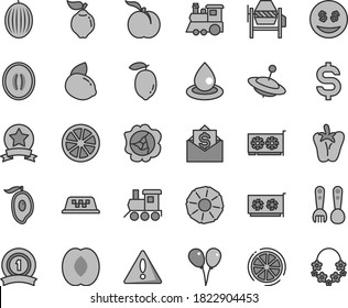 Thin line gray tint vector icon set - warning vector, plastic fork spoons, baby toy train, children's, yule, colored air balloons, concrete mixer, peper, ripe peach, squash, quince, melon, lemon