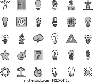 Thin Line Gray Tint Vector Icon Set - Matte Light Bulb Vector, Incandescent Lamp, Window, Saving, Power Socket Type B, Dangers, Star, Storm Cloud, Lens, Leaf, Pole, Energy, Mercury, Lighthouse, Idea