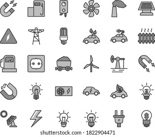 Thin line gray tint vector icon set - lightning vector, power socket type f, boiler, marine propeller, big solar panel, working oil derrick, gas station, modern, windmill, manufacture, pole, eco car