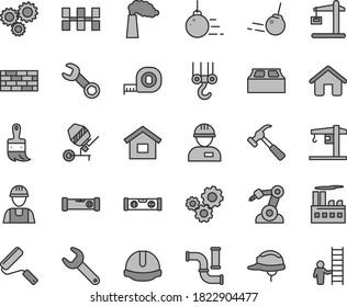 Thin line gray tint vector icon set - crane vector, house, dwelling, builder, workman, brickwork, winch hook, big core, concrete mixer, measuring tape, new roller, wooden paint brush, building