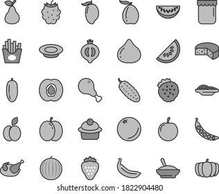Thin line gray tint vector icon set - cheese vector, slices of onion, muffin, a bowl buckwheat porridge, plate milk, chicken, leg, cucumber, French fries, jam, strawberry, strawberries, apple, pear