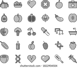 Thin line gray tint vector icon set - heart symbol vector, mark of injury, first aid kit, toys over the cot, measuring cup for feeding, bottle, electronic thermometer e, bath, broken, apple, cherry