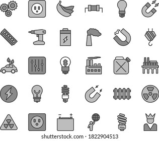 Thin line gray tint vector icon set - hook vector, drill, saving light bulb, power socket type b, new radiator, regulator, bananas, charging battery, manufacture, accumulator, industrial building