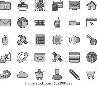 Thin line gray tint vector icon set - envelope vector, graphite pencil, upload folder, house, calculation, volume, put in cart, woman, planet, phone call, mobile, radiator fan, encrypting, mouse